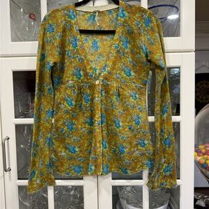 Free People Mustard Floral V-Neck Cardigan with Blue Flowers